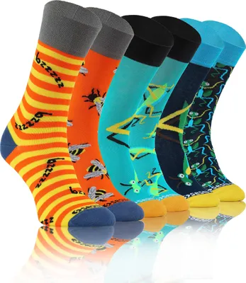 Produktbild von sesto senso Lustige Bunte Verrückt Socken Baumwolle Damen Herren 3 Pack Gemusterte Ungleiche Funny Socks Oddsocks Heuschrecke Biene Gottesanbeterin 39-42 3 Insekten