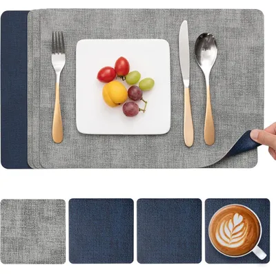 Produktbild von Tischsets Abwaschbar Lederoptik 4er Set Grau Blau Doppelseitig Rutschfest