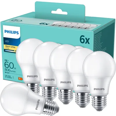 Zdjęcie produktu dla Philips Żarówka 60 W E27 x 6, 8 W, 60 W, E27, 806 lm, 15000 h, Ciepłe białe