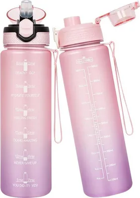 Produktbild von Famanu Sport Wasserflasche 1 Liter mit Strohhalm und Zeitmarkierung - BPA-frei