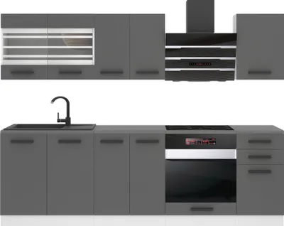 Produktbild von Belini Küchenzeile Küchenblock Margaret - Küchenmöbel 240 cm Einbauküche Vollausstattung ohne Elektrogeräten mit Hängeschränke und Unterschränke, ohne Arbeitsplatten, Silber matt