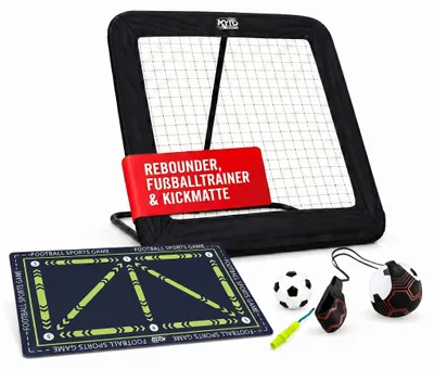 Produktbild von Kyto Sports Fußball Trainingsset Kinder & Jugendliche, 3-teilig mit Rebounder 100x100 cm, Fußballtrainer mit Schnur & Kickmatte 60x90 cm, Techniktraining für Ballkontrolle, Schuss, Passspiel & Dribbling