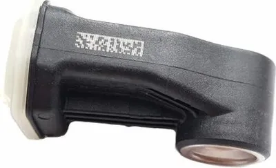 A black automotive sensor with a white cap and a QR code printed on it.