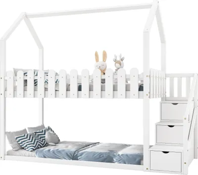 Produktbild von Kinderbett, Etagenbett, mit 3 Treppen, mit 2 Schubladen mit Zaundekor, massivholz, weiß