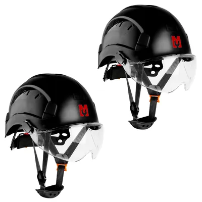 Zdjęcie produktu dla Kask ochronny Mustbau EN397 z przyłbicą i opaską, regulowany w zakresie 53–63 cm, wytrzymały ABS, dla kobiet i mężczyzn, zestaw 2 sztuk, czarny