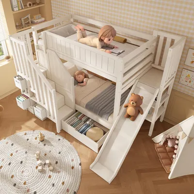 Image de OKWISH Lit Superposé Enfant 90x200 cm - Lit avec Toboggan, Armoire Intégrée, Tiroirs de Rangement, Garde-Corps Sécurisé, Bois Blanc, Sans Matelas
