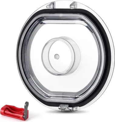 A clear plastic lid with a black rubber seal and a small red tool are shown against a white background.