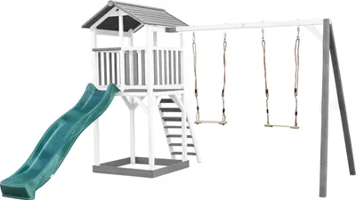 Produktbild von AXI Beach Tower Spielturm aus Holz in Weiß & Grau | Spielhaus für Kinder mit grüner Rutsche, Doppelschaukel und Sandkasten | Stelzenhaus für den Garten