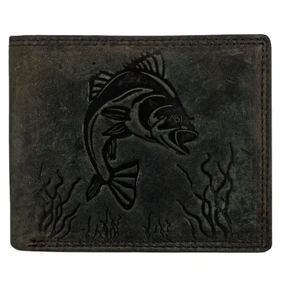 Produktbild von RFID Büffel Echt Leder Geldbörse Portemonnaie mit geprägtem Fisch Motiv Schwarz Querformat