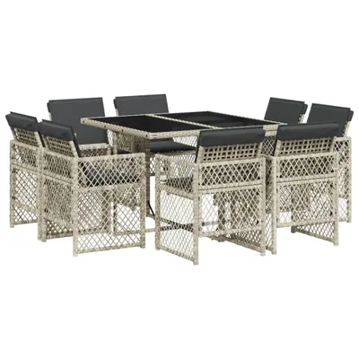 Produktbild von 9-tlg. Garten-Essgruppe mit Kissen Hellgrau Poly Rattan