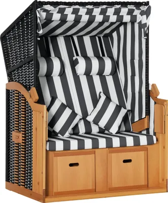 Produktbild von Strandkorb mit Fußstützen, Klapptisch und Nackenrollen, Outdoormöbel, Natur + Grau + Weiß