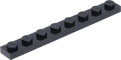 A black Lego plate with 8 studs is shown from a diagonal angle against a white background.