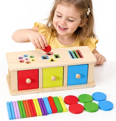 Imagen del producto de Juguete de clasificación Montessori 3 en 1, juguete de madera para la clasificación de colores y formas, ideal para bebés y niños pequeños