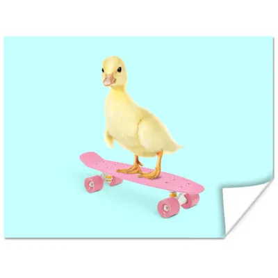 Produktbild von MuchoWow® Poster Ente - Küken - Skateboard - Blau - Rosa 120x90 cm - Wandbild