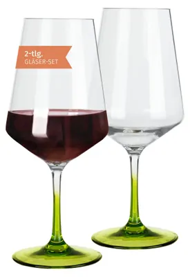 Rote Weingläser Set 2er, 580 ml, Polycarbonat, bruchfest, grüner Stiel