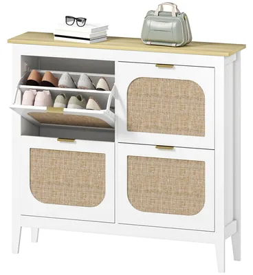 Produktbild von Schmaler Schuhschrank mit 4 Rattantš¹ren, verstellbaren Einlegeb?den fš¹r 20 Paar Schuhe, 105 x 24 x 95,5 cm, Wei?