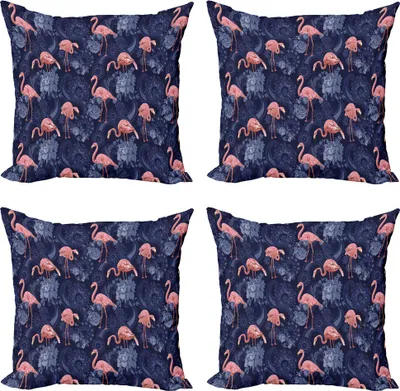 Produktbild von ABAKUHAUS Jacobean Kissenbezug Set (4 Stück), Exotische Blumen Flamingo, Moderner Doppelseitiger Digitaldruck, 45 cm x 45 cm, Indigo Rosa