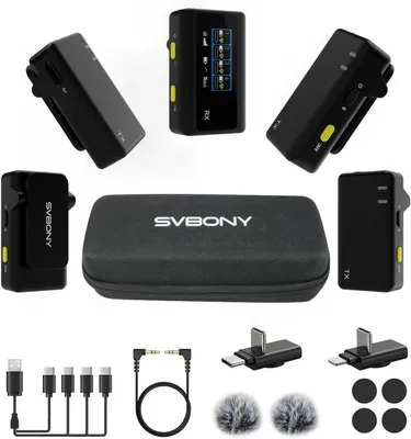 Obrázek produktu pro Bezdrátový mikrofonní systém SVBONY SVMic D4, dva kanály, 150 m, ztlumení jedním kliknutím, pro rozhovory, schůzky a živé vysílání