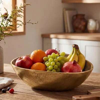 Produktbild von FineBuy Obstschale Gold Schale Metall 30cm Tischdeko Oval Moderner Obstkorb Rillen-Design Aluminium Elegante Alu Früchteschale Handmade