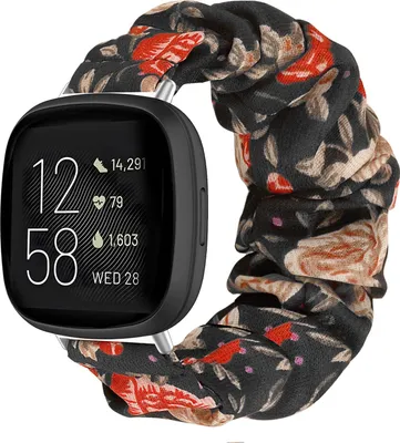 Produktbild von Strap-it Smartwatch Armband - Scrunchie Nylonband - passend für Fitbit Versa 3 / Fitbit Sense - Blumendruck