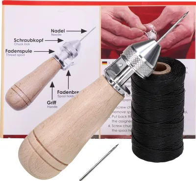 Produktbild von Profi Nähahle Sattlerahle mit Ledernadel & Ledergarn - zum nähen von Planen, Leder, Segeltuch, Cabrio Verdecken und Taschen - Leather Speedy Stitcher Thread Sewing Awl Tool Kit