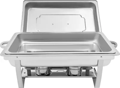 Produktbild von Speisenwärmer Buffet - Rektanguläre Chafing Dish - 9 l Edelstahl - 62x34x31 cm - Klappbarer Rahmen freistehend - Silber