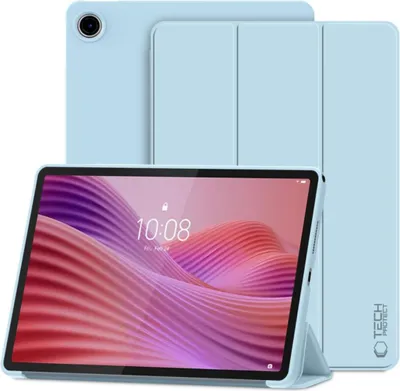 A light blue tablet case is shown in a folded position, with the tablet screen visible and displaying a colorful wallpaper.