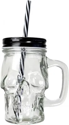 Produktbild von Halloween-Totenkopfglas mit Deckel und Strohhalm