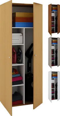A collage of a tall, slender cabinet with two doors, shown in different wood finishes. The main cabinet is open, revealing shelves stocked with various items including boxes, containers, bottles, and folded clothes, as well as a vacuum cleaner.
