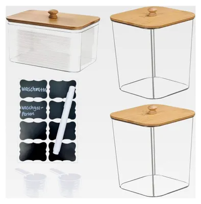 Produktbild von Waschmittel Aufbewahrung, 3 Stück Wäschepods Behälter, Waschmittelbox mit Bambusdeckel, Transparent, für Waschpods, Badebomben, Duftverstärker