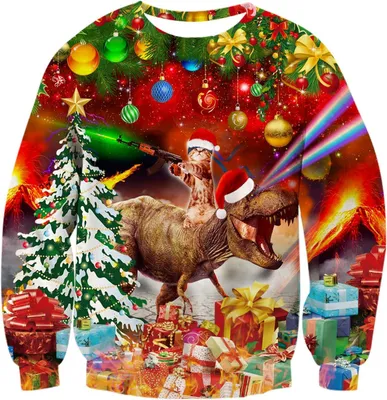 Zdjęcie produktu dla Świąteczny sweter 3D z motywem dinozaura i kota, zabawny, miękki, wygodny, kolorowy