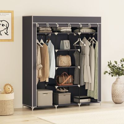 Mondeer Kleiderschrank Stoffschrank Faltschrank Garderobe mit Kleiderstange 3 hochrollbaren Türen 175*150*45cm Graublau