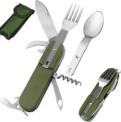 Produktbild von 7 in 1 Campingbesteck klappbar - Reise Besteck - Klappbesteck für Unterwegs - Outdoor Besteckset mit Gürteltasche - Camping Essbesteck in Army Grün - Survival Essbesteck