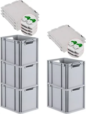 Produktbild von SuperSparSet 5x Eurobox NextGen Grip mit Scharnierdeckel und grünen Schiebeschnappverschlüssen | HxBxT 32x30x40cm | 30 Liter | Grau | Griffe offen | Glatter Boden | Eurobehälter, Transportbox, Transportbehälter, Stapelbehälter
