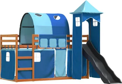 Produktbild von vidaXL Etagenbett mit Rutsche und Gardinen Blau 90x200 cm