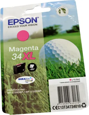 Produktbild von Epson Golf ball 34XL Golfball DURABrite Ultra Single Magenta Tinte, Hohe (XL-) Ausbeute, Magenta, Tinte auf Pigmentbasis, 10,8 ml, 1 Stück(e), 950 Seiten