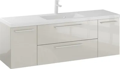 Produktbild von FURNI Waschtischunterschrank RON 140 cm - Kaschmir - Hängender Badschrank mit Mineralguss - Waschbecken - Griffe Weiß matt - Vormontiert