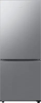 A front view of a silver Samsung refrigerator.