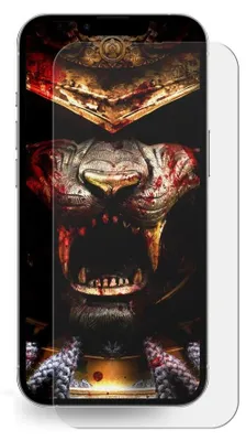 A close-up of a phone screen protector with a graphic of a bloody samurai helmet and a lion's face.