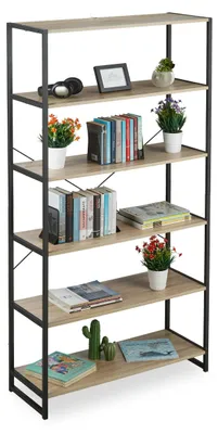 Produktbild von Relaxdays Standregal Industrial, hohes Bücherregal, offenes Design mit 6 Fächern, HBT 180x95x35 cm, aus PB/Metall, braun