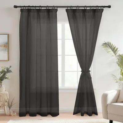 Produktbild von Voile Gardinen mit Faltenband, 2 Stück, Halbtransparent, Schwarz, 245 x 140 cm