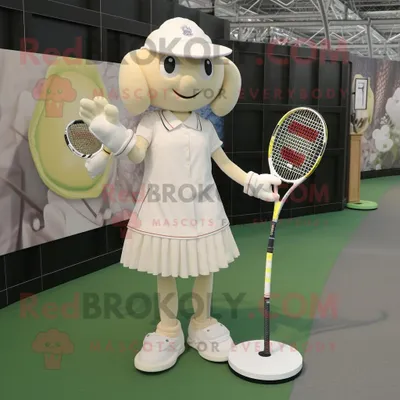 Produktbild von Cremefarbener REDBROKOLY Tennisschläger Maskottchen Kostüm charakter bekleidet mit einem Etuikleid und Messenger-Taschen