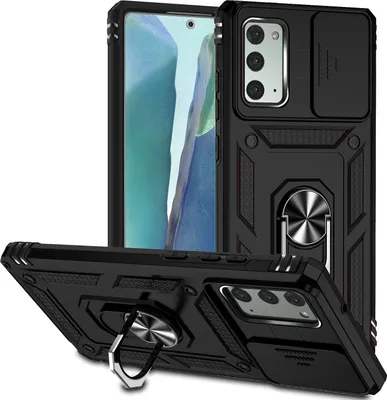 Image de Étui pour Samsung Galaxy Note 20 5G étui double couche avec couvercle coulissant pour l'appareil photo et anneau de support noir