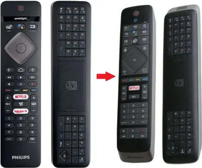 A collage of Philips TV remote controls, showing two different models side-by-side with an arrow indicating a transition or comparison.