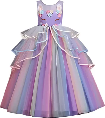 A unicorn-themed dress displayed on a white background.