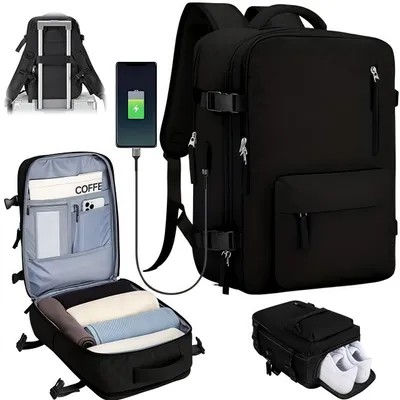 Produktbild von Rucksack, 34L Reiserucksack mit USB Anschluss, Sport-Rucksack, Reisetasche, Handgepäck, Laptop Rucksack, Schwarz