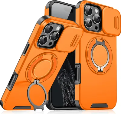 Produktbild von Handyhülle für iPhone 16 Pro Dual-Layer Stoßfest Militär Hülle mit Dia Kameraschutz und Magnetisch Ring Ständer Orange