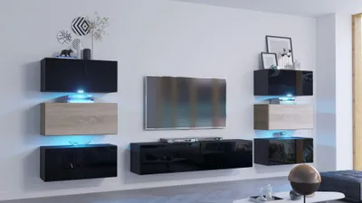 Produktbild von Furnitech Wohnwand Wohnzimmer - Wohnzimmer Möbel mit LED Weiß - Hängend Wohnwand Modern - Regale und TV Schrank (Henri AN72-19BS-HGM7-1A - 287cm)