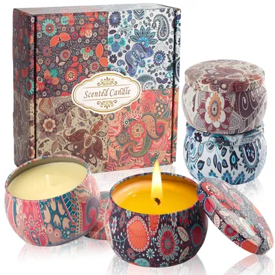 Image de Coffret cadeau de 4 bougies parfumées avec couvercle, en cire de soja, petites bougies parfumées pour femmes