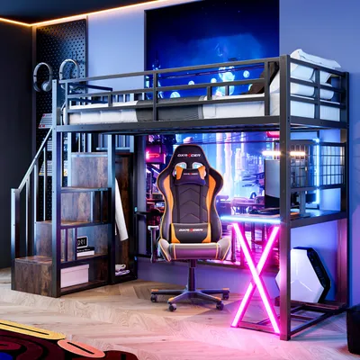 Productafbeelding van Flieks etagebed 90x200 cm met bureau en LED-verlichting, hoogslaper voor tieners met kledingroede en opbergruimte, kinderbed, eenpersoonsbed, stapelbed, zwart